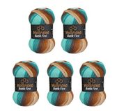 5 Wollbiene Batik Fine Wol, 5 x 100 g, 500 gram wol met kleurverloop, meerkleurig, kleur: 1520 bruin mint wit