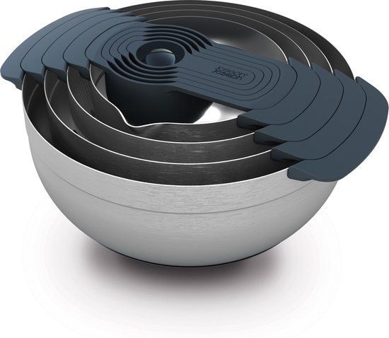 Joseph Joseph Nest 9 Plus, 9-delige compacte voedselbereidingsset met mengkommen, maatbekers, zeef en vergiet, roestvrij staal