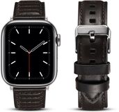 By Qubix - Oil Wax Leren band - Zwart - Geschikt voor Apple Watch 44mm / 45mm / 46mm / 49mm