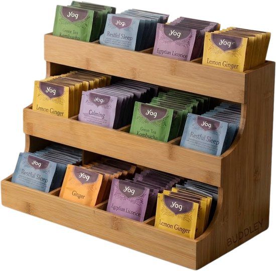BUDDLEY Theedoos 12 vaks - Thee Organizer - Bamboe - Theehouder - Theebox - Thee organiser - Display - Rekje - Thee Houder Hout - Theedozen - Theekist - Theezak organiser - Theezakjesbox - Thee doos - 12 vakken - Rek - Kantoor - Staand