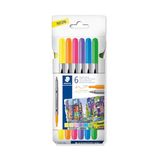 STAEDTLER 3200 dubbele viltstiften "neon", twee punten voor smalle en brede lijnen, etui met 6 dubbele viltstiften in diverse kleuren, 3200 C6F