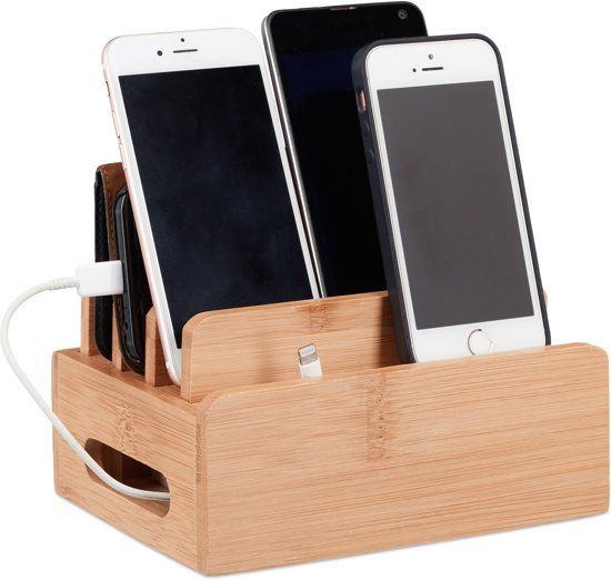 Relaxdays Bamboe kabelbox - 6 apparaten - kabelorganizer - telefoonhouder - oplaadstation
