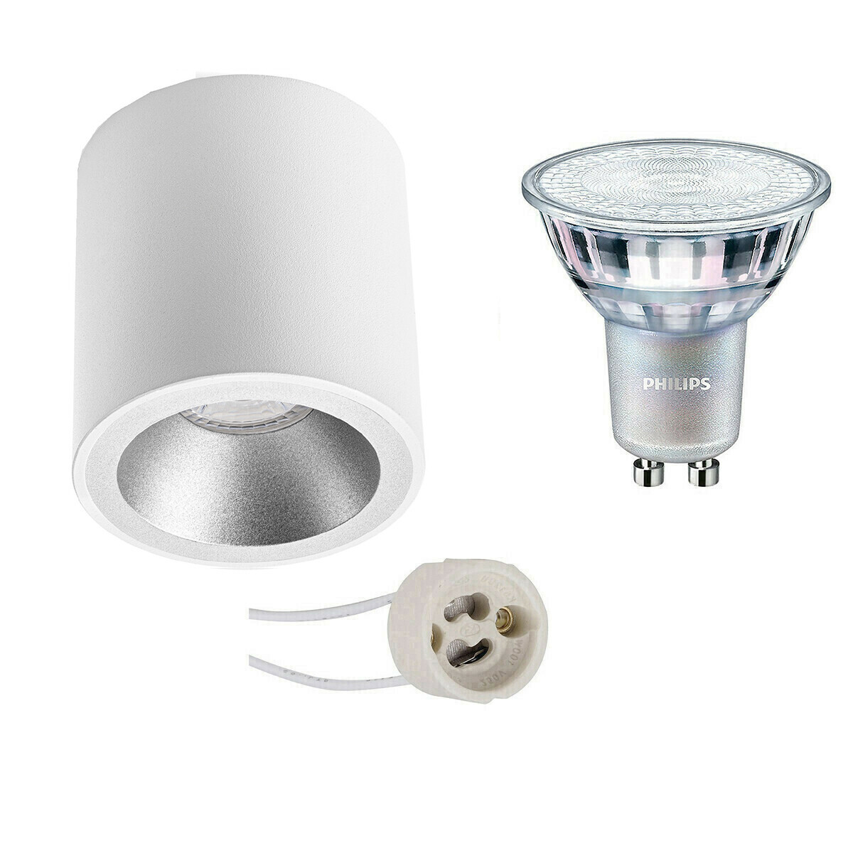 BES LED Opbouwspot Set - Pragmi Cliron Pro - GU10 Fitting - Opbouw Rond - Mat Wit/Zilver - Verdiept - Ø90mm - Philips - MASTER 927 36D VLE - 3.7W - Warm Wit 2200K-2700K - DimTone Dimbaar