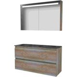 Basic-Line Premium 46 Ensemble de meubles de salle de bain - 120 x 46 cm - Sans poignée - 2 tiroirs - Lavabo en pierre naturelle - 2 trous de robinet - Armoire à miroir avec éclairage LED
