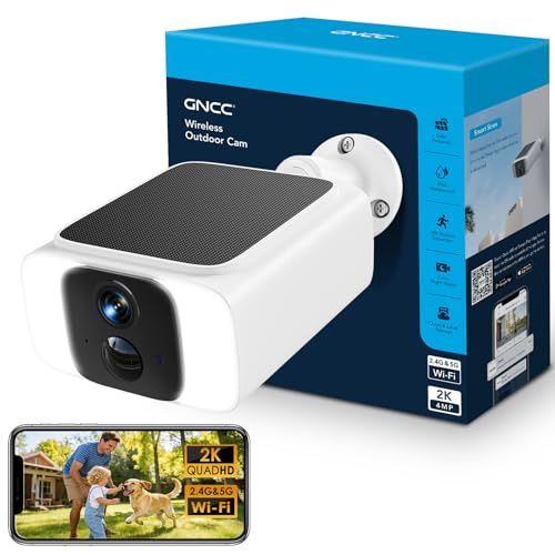 GNCC Zonne-beveiligingscamera Outdoor Draadloos, CCTV Camera Systeem 2K Camera Huis Beveiliging, Kleur Nachtzicht, IP65, PIR Detectie