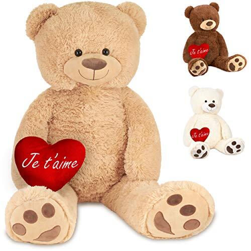 BRUBAKER XXL Teddybeer 100 cm Beige met een Je T'aime Hartje Knuffel Pluche Knuffeldier