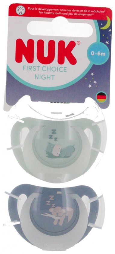Nuk First Choice Night Fopspeen Baby Siliconen 0-6M Hippo Koala 2 Stuks
