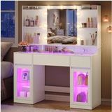 VASAGLE Table de maquillage avec miroir, éclairage RVB et prise, 107 x 40 x 144,5 cm, blanc