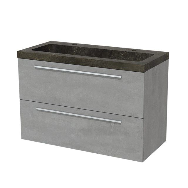 Maxaro Badkamermeubel 100cm Modulo Lichtgrijs Beton 2 lades Vlak Wastafel Natuursteen Blue Stone
