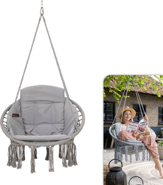 Vita5 Hangstoel voor Binnen & Buiten. Met Kussen, Boekenvak & Beschermhoes. Macrame Korfhangstoel voor volwassenen & kinderen. Belastbaar tot 150 kg. (Grijs)