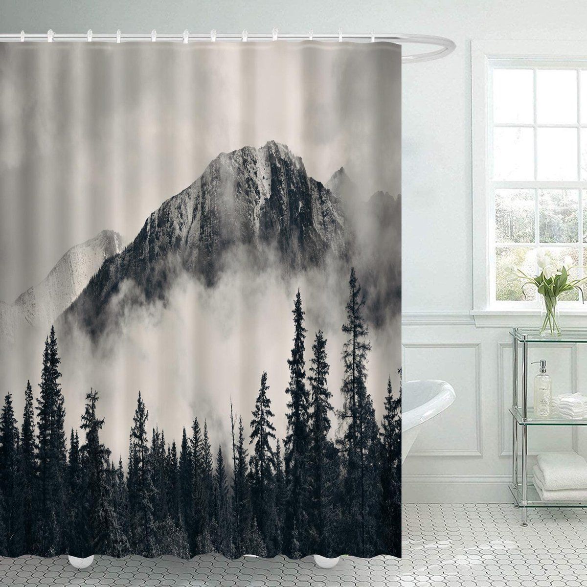 Ulticool Douchegordijn - Bergen Natuur Mistig Bos - 180 x 200 cm - Zwart Wit