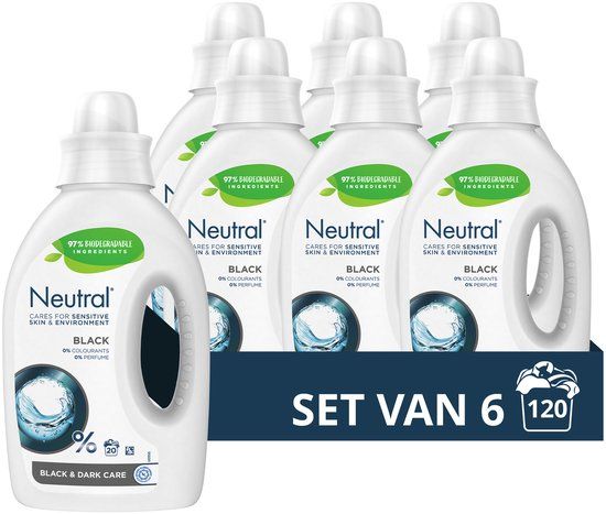 Neutral Vloeibaar Wasmiddel Zwart - 6 x 1 Liter - 120 wasbeurten - Parfumvrij