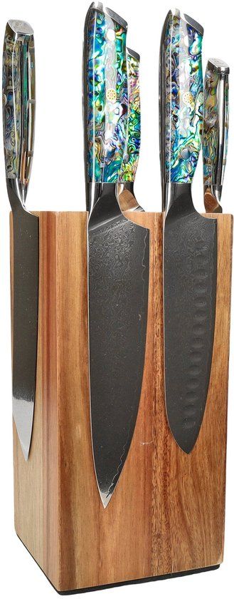 Shinrai Knives Japan Damascusstaal Ergonomisch Kunststof Koksmes Santokumes Messenset + Messenblok Rotate