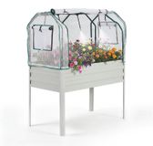 Bac à plantes surélevé - Ovale, en métal - Avec pieds - Avec couvercle - Tube d'irrigation intégré - Convient aux légumes et aux fleurs - Blanc