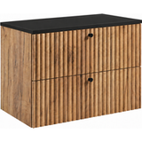 3xE living Meuble sous-vasque 80 cm, chêne artisanal doré/noir, poignées noires | 80 x 44,4 x 58,6 cm, 2 tiroirs, plan de travail noir pour lavabo à poser, suspendu, poignées noires