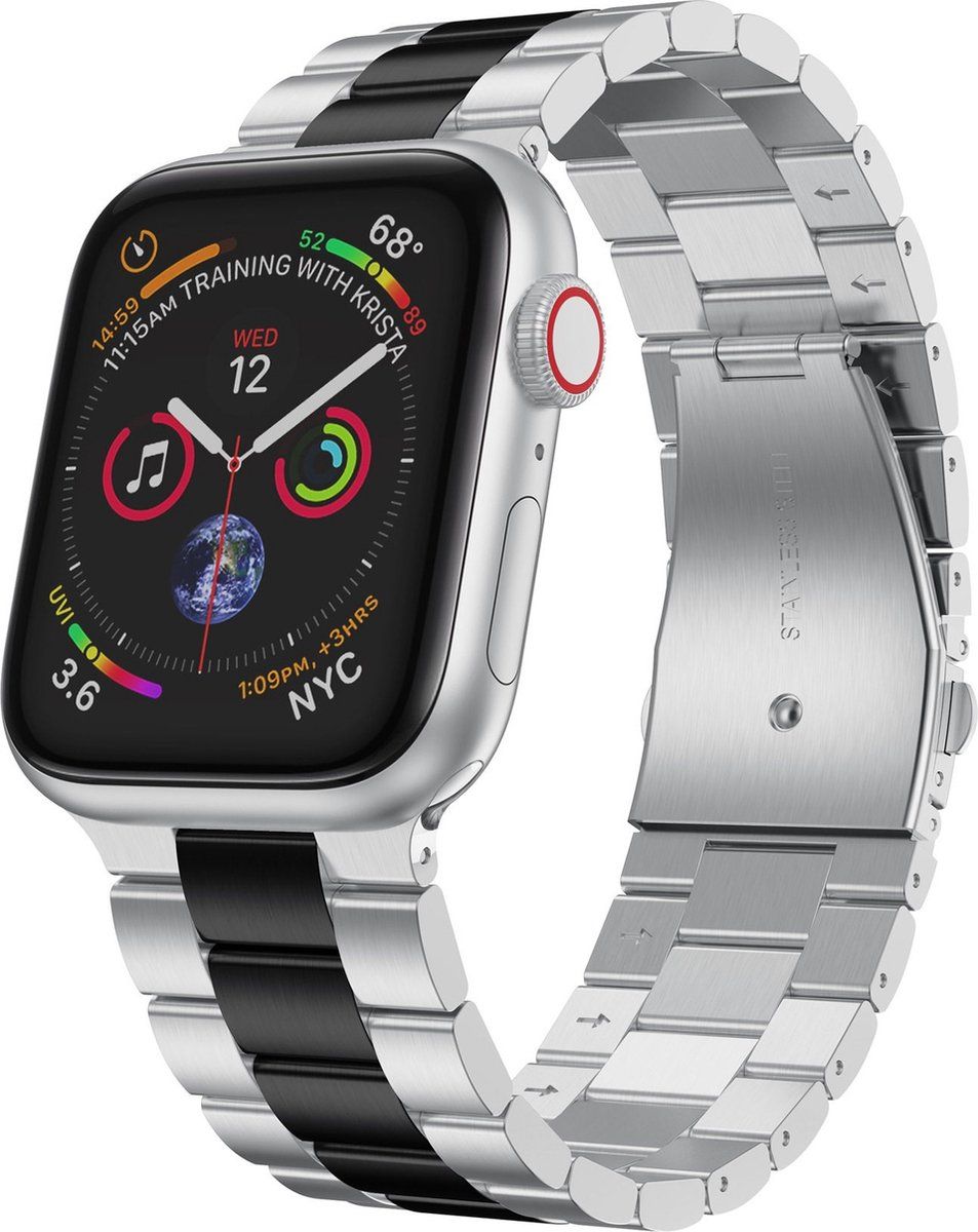 Qubix Apple Watch Band - Stainless Steel Link Band - Silver with Black - Compatible with 38mm / 40mm / 41mm Apple Watch