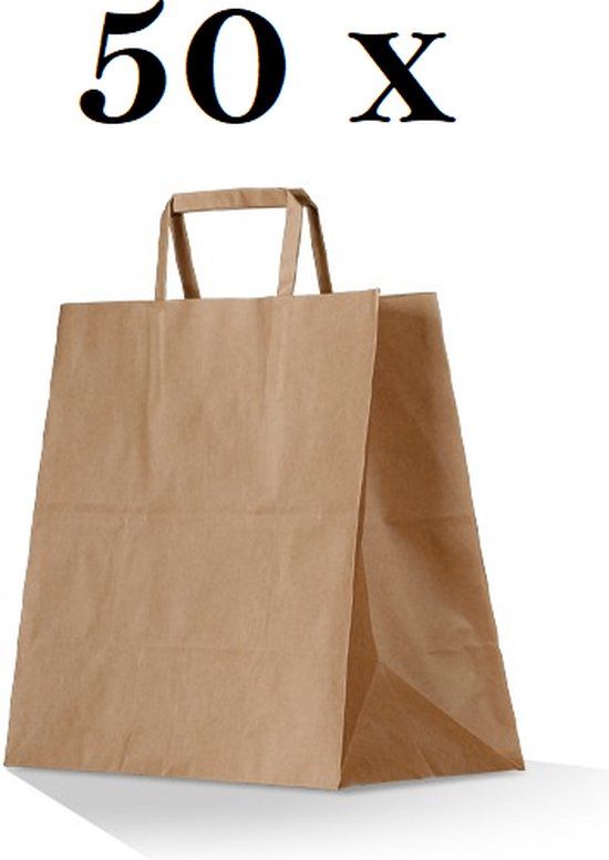 50 Take Away Witte Papieren Draagtassen 26 x 17 x 25cm - Take-away zakjes / Takeaway papieren zakken / Kraft Papieren Take Away Tasjes Wit Met Handvat / Zakjes met vlak handgrepen