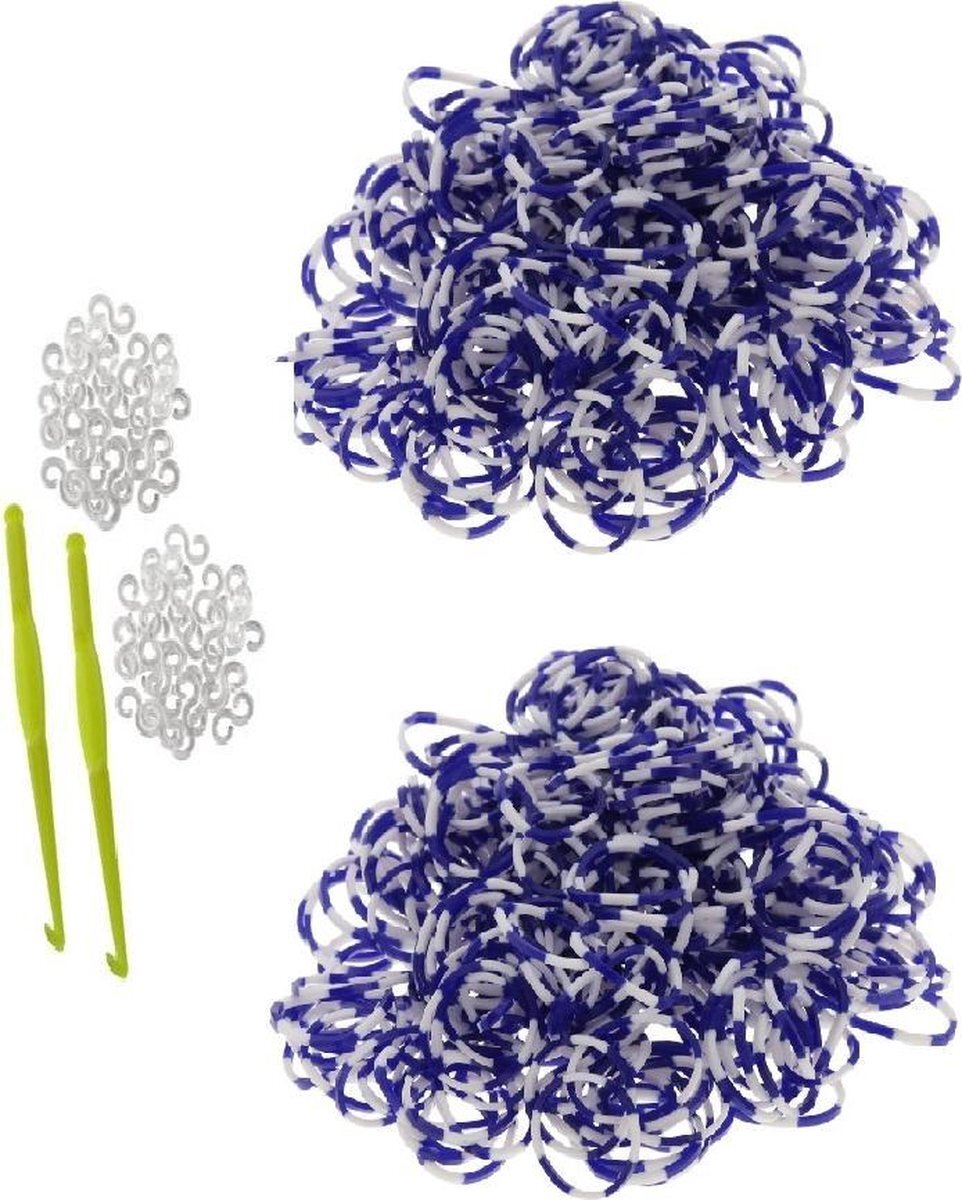 Behave 600 Loom elastiekjes, loombandjes blauw – wit met weefhaken en S-clips