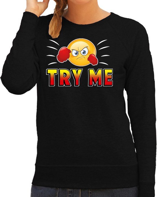 Bellatio Decorations Funny emoticon sweater Try me zwart dames XS