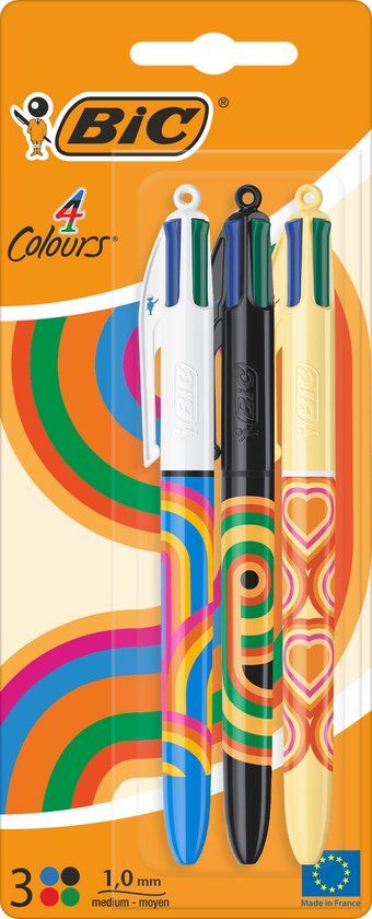 BIC 4 Kleuren Retro Vibes Balpen - Pen met 4 Kleuren - Medium Punt 1,0 mm - 3 Stuks
