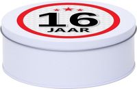 Merkloos Leeftijd Snoeptrommel - koektrommel Cadeau - wit - rond blik - met 16 jaar sticker