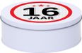 Merkloos Leeftijd Snoeptrommel - koektrommel Cadeau - wit - rond blik - met 16 jaar sticker