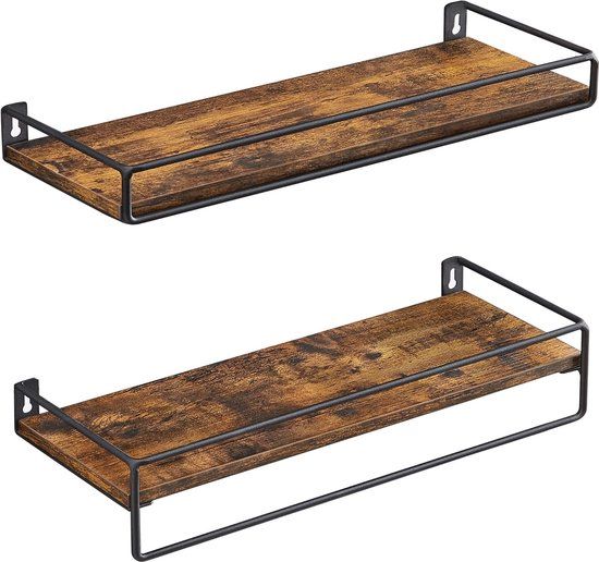Wandplank - Set van 2 - Zwevende plank met stang - Vintage bruin-zwart