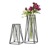 Deco 79 Glazen decoratieve vaas buisvormige middenstuk vazen met metalen standaard, set van 2 bloemenvazen voor woondecoratie 13", 9" H, zwart