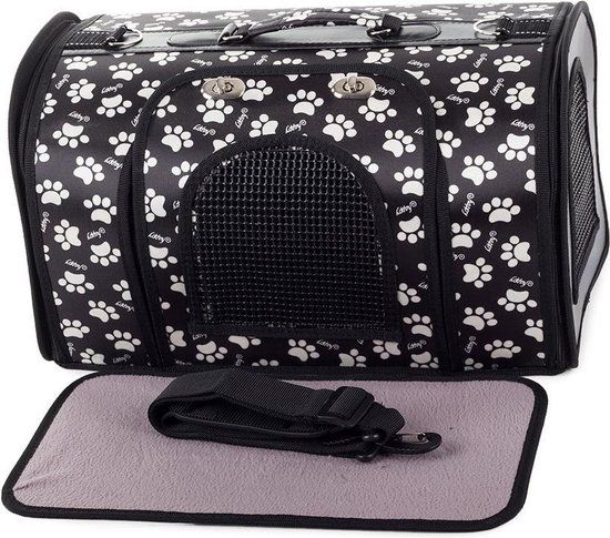 VERK GROUP Transporttas Kat - Hond - Konijn - Zwart met Potenpatroon - 49cm - Schoudertas Reistas