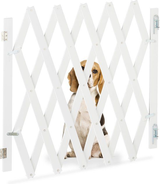 Relaxdays Hondenhekje - Uitschuifbaar - Bamboe - Wit - 35-126 cm Breed - 70-82 cm Hoog