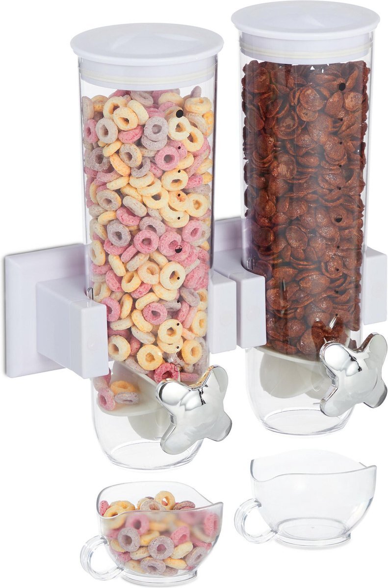 Relaxdays dubbele cornflakes dispenser muur - muesli dispenser - cereal dispenser 1,5 l wit