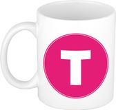 Bellatio Decorations Shoppartners Bv Koffie mok met de letter T - beker - roze - 300 ml