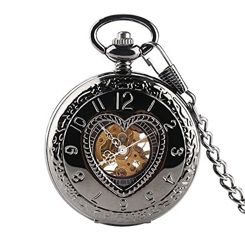 YTGLQAZ Zakhorloge met ketting zakhorloge retro zwart hartvorm half mechanisch zakhorloge 30 cm ketting zak hanger klok geschenk mannen vrouwen stoom