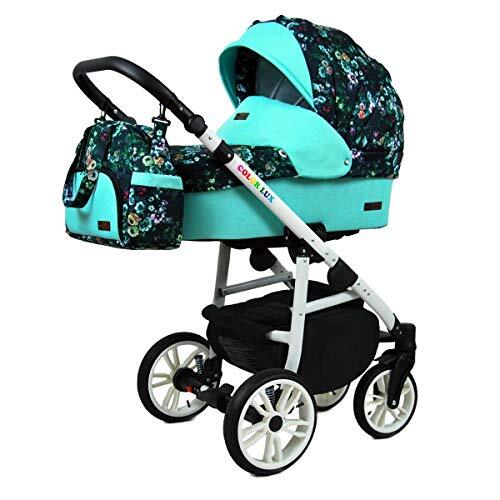 Lux4Kids Kinderwagen 3 in 1 complete set met autostoeltje Isofix babybad babydrager Buggy Colorlux White van ChillyKids Green Garden 3in1 (inclusief autostoeltje)