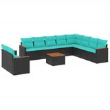 vidaXL 11-delige tuinbankset met kussens, zwart, polyrotan
