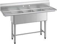 Latios Évier 3 bacs - Inox évier de cuisine professionnel autoportant pour foodtruck - Deux évacuations - Avec protection anti-éclaboussures - Dimensions 167,8 x 55,8 x 109,7 cm - Argent