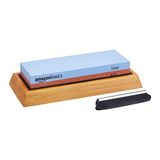 Amazon Basics Wetsteen, dubbelzijdig, korrelgrootte 400/1000, met antislip bamboe basis, 1 stuk, blauw en rood
