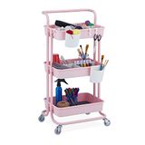 Relaxdays opbergtrolley, 3 etages, 2 remmen, trolley voor keuken, kantoor, HBD 86 x 43 x 42 cm, metaal & kunststof, roze