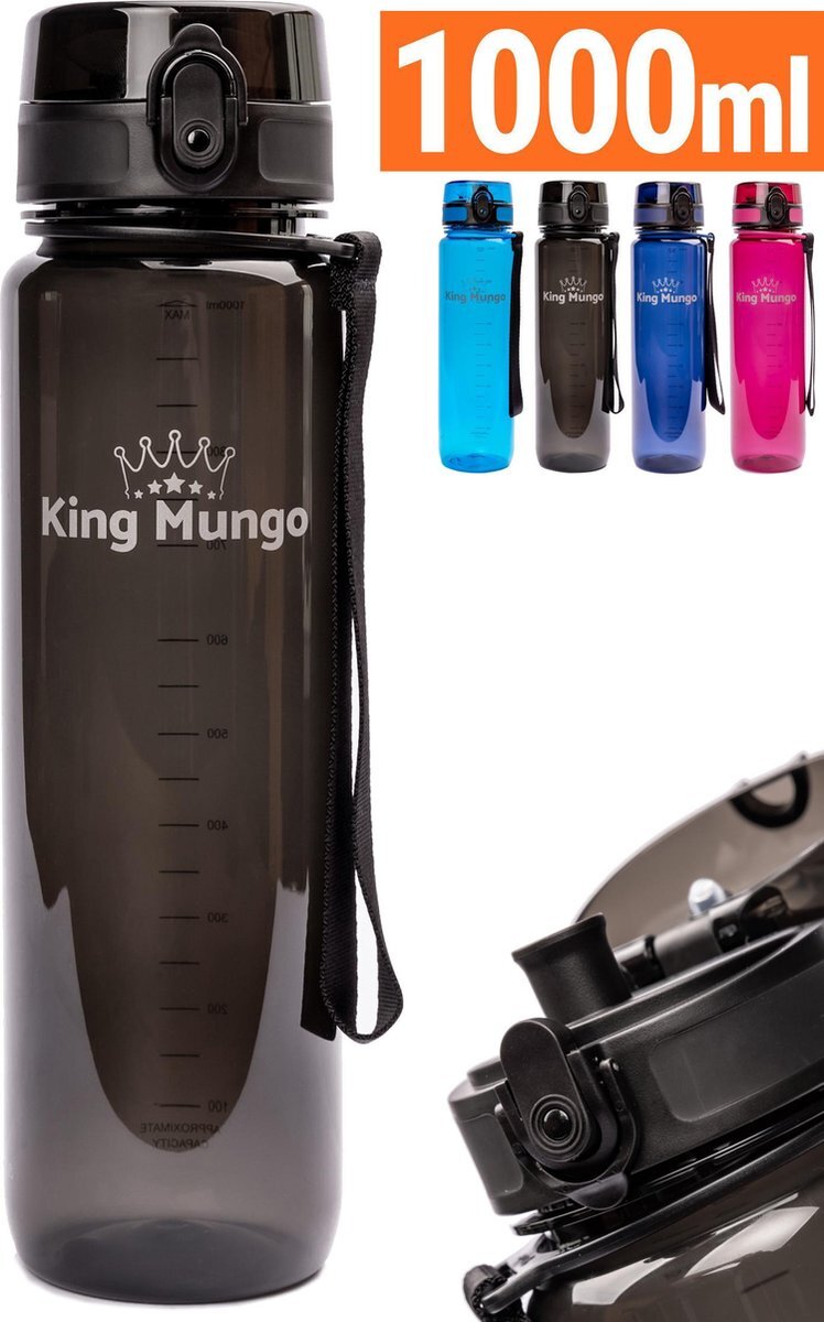 King Mungo 1 Liter Drinkfles - Vaatwasserbestendig - Sport Bidon Drinkbus 1000ml Zwart