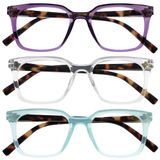 OPULIZE KOI Leesbrillen 3-Pack - Groot Rechthoekig Montuur - Paars-Aqua-Helder - Heren Dames - Veerscharnieren - RRR50-5CQ - +3.00