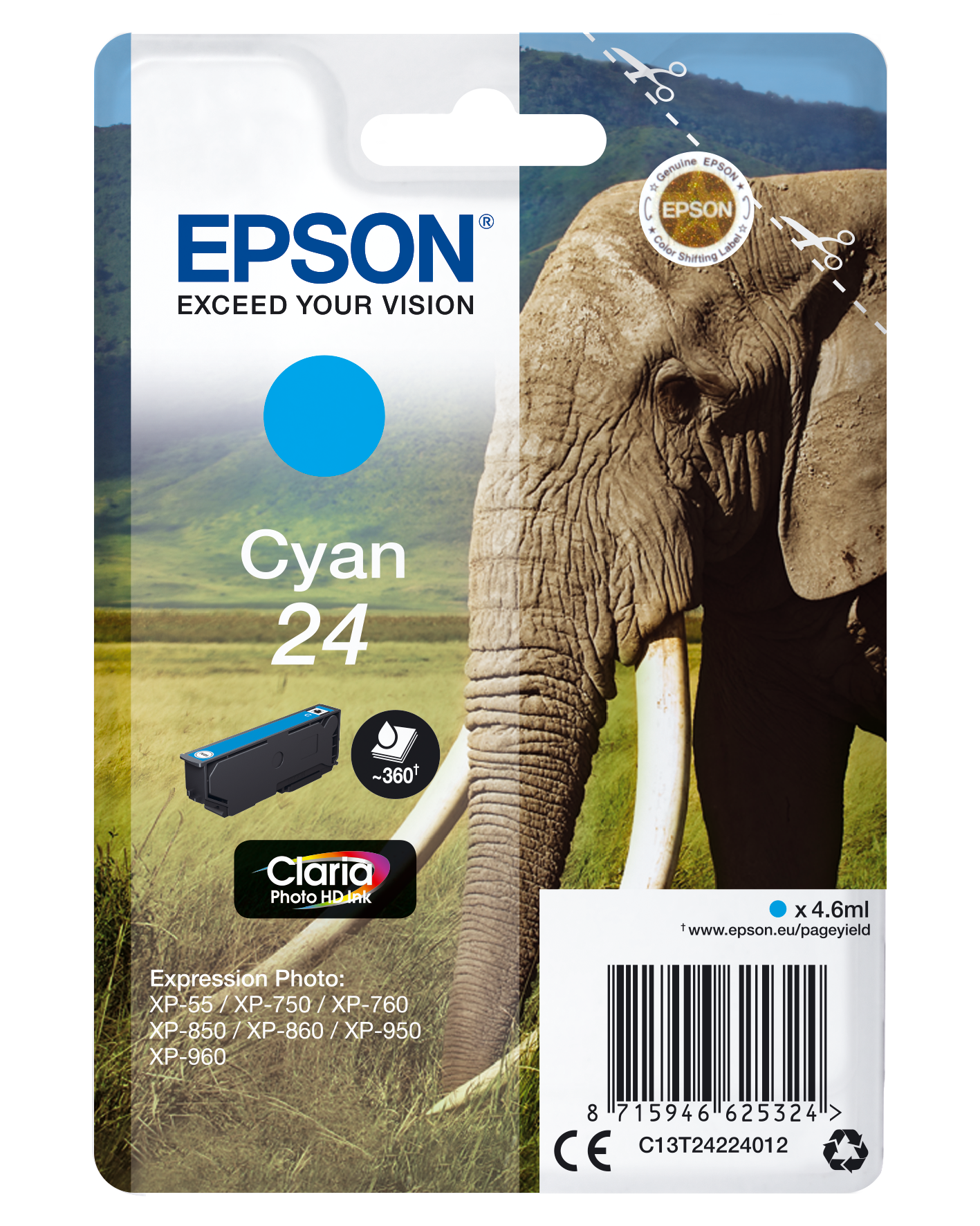 Epson Elephant Singlepack Cyan 24 Claria Photo HD Ink single pack / cyaan