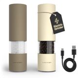 LARS NYSØM Elektrische Zout- en Pepermolen | Automatische Molen Set van Roestvrij Staal met Instelbare Keramische Maalwerk | USB-Oplaadbare Kruidenmolens met LED-verlichting (Taupe Brown/Almond Beige)