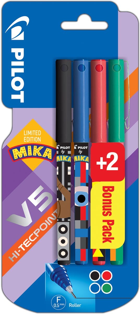 Pilot roller V-5 Mika blister van 2+2 stuks gratis in geassorteerde kleuren