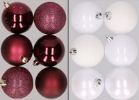 12x stuks boules en plastique mélange aubergine et blanc 8 cm - Décoration de Noël