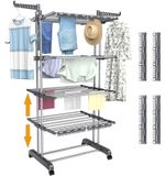 Étagère à linge 5 niveaux, réglable en hauteur, acier inoxydable, pliable, avec roulettes