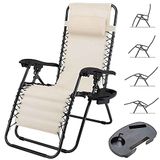 BAKAJI Gravity Zero Ligstoel voor de tuin, inklapbaar, ruimtebesparend met stalen dienblad, 22 mm, kantelbaar, stof van texilene ademend, voor terras en zwembad buiten (beige)