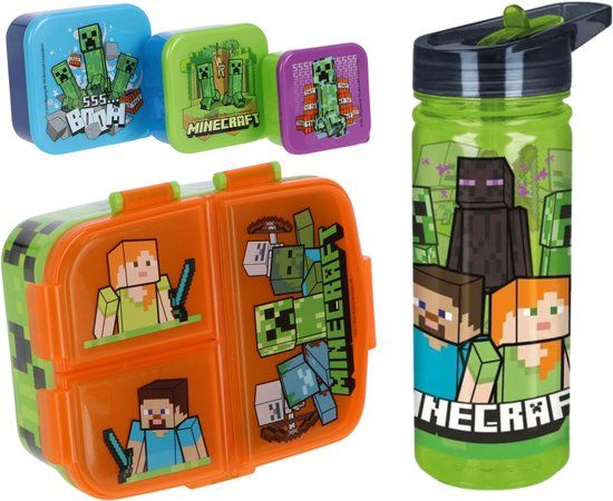 4KidsOnly Minecraft lunchset; drinkfles, lunchbox en snackbox