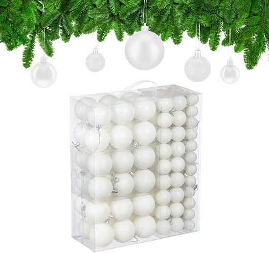 Relaxdays kerstballen set van 138 - kunststof - Ø 3, 4, 6 cm - onbreekbaar - wit