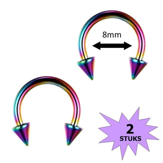 Fako Bijoux - Circular Barbell Piercing - Hoefijzer Spike - 8mm - Multicolour - 2 Stuks