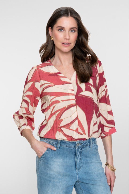 Geisha Blouse Met Tropische Bladprint 63443 20 Raspberry/coral Red/off-white Dames Maat - M